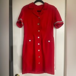 Red Retro Short Sleeve Dress w/ Black and White Striped Sleeves
